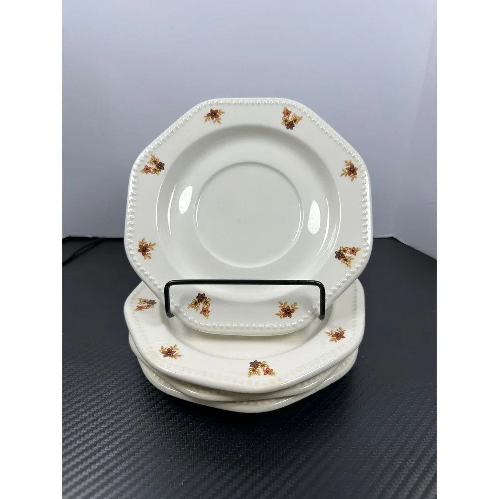 Set of 4 CorningWare Octagon‎ Bouquet Saucers Dessert Plates Floral Brown